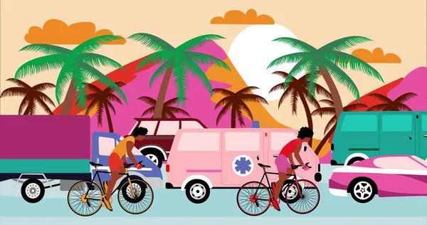 African American cyclists are riding bicycles past by traffic jam on the beach road with palms. Cartoon , flat design, illustration