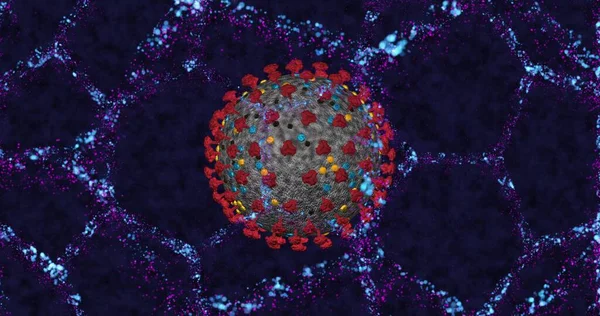 コロナウイルス細胞Covid 19はネオン分子構造の背景に近い 病気のアニメーションを広げる 3Dレンダリング3Dイラスト — ストック写真