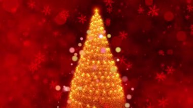 Işık ve Neşe Kutlaması: Kızıl Arkaplan Karşısındaki Yılbaşı Ağacı Büyülü Bir Tatil Atmosferi Yaratan Kar Taneleri ile Aydınlandı. Yüksek kalite 4k görüntü