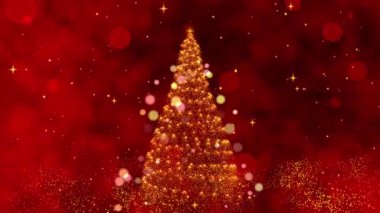 Büyüleyici Tatil Dekorasyonu İçin Sıcak Kırmızı Arkaplanda Parlayan Işıklar ve Neşeli Bokeh 'le çevrili Parıldayan Noel Ağacı' nın Sihirli Noel Sahnesi. Yüksek kalite 4k görüntü