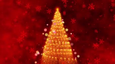 Büyüleyici Noel Animasyonu: Işıltılı Işıklardan Parlayan Noel Ağacı 'na Tuhaf Kar Taneleri ile Neşeli Kırmızı Arkaplan Karşısında Sihirli Bir Yolculuk. Yüksek kalite 4k görüntü