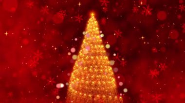 Kıpkırmızı Arkaplan, Güzel Kar Taneleri ve Sahneyi Aydınlatan Canlı Noel Ağacı ile Noel Büyüsünü Kutlayan Bir Festivalsel Döngü Animasyonu. Yüksek kalite 4k görüntü