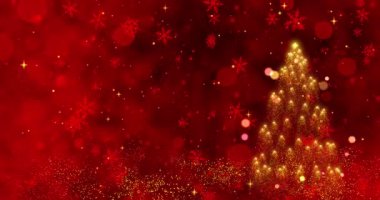 Festive Red Snowflakes tarafından çevrelenmiş ışıl ışıl bir Altın Noel Ağacı, Canlı Renkler ve Mevsimsel Cazibe ile Büyülü bir tatil atmosferi yaratıyor. Yüksek kalite 4k görüntü