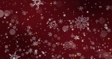 Zarif Kar Tanelerinin Büyüleyici Döngüsü ve Neşeli Kızıl Arkaplan Karşısındaki Parıltılı Parıltılar Bayram Kutlamaları ve Mevsimsel Dekor İçin Mükemmel. Yüksek kalite 4k görüntü