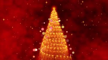 Parlak bir Noel Ağacı 'nın Parlayan Yıldızlar ve Parıldayan Kırmızı Arkaplan ile çevrili Büyülü Döngü Animasyonu. Yüksek kalite 4k görüntü