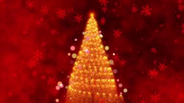 Işıldayan bir Noel Ağacı 'nın Büyüleyici Animasyonu Parlayan Kar Taneleri ve Parıldayan Işıklar ile Neşeli Kırmızı Arkaplan' a Karşı Aydınlandı. Yüksek kalite 4k görüntü