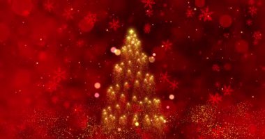 Parıldayan bir Altın Noel Ağacı, Kırmızı Kar Taneleri ile süslenmiş canlı bir Kızıl Arkaplan karşısında, Neşeli Amigo ve Bayram Ruhu 'nun özünü yakalıyor. Yüksek kalite 4k görüntü