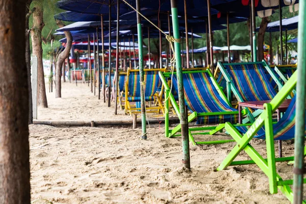 Gruppo di ombrelloni viola e sedie disposte lungo la spiaggia — Foto Stock