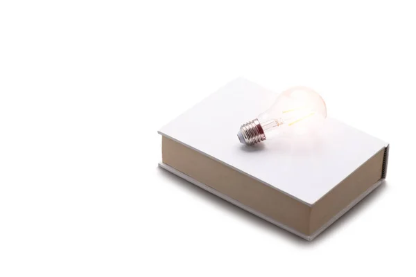 Beyaz kitaplara konmuş parlak ampuller. Beyaz arkaplanda izole edilmiş ve kopyalama alanı, tasarruf ve yatırım kavramı