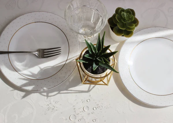 Güneş ışığında servis masasında tabaklar. İç detaylar. çatal bıçaklı masa ayarları.