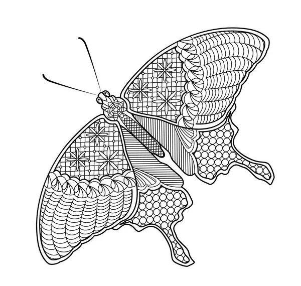 Malvorlagen Schmetterling auf dem Hintergrund des Mandala für Erwachsene und Kinder. Illustration im Stil von zentangle. Vektor. kann verwendet werden, um T-Shirts, Taschen, Postkarten und ein Poster zu entwerfen. — Stockvektor