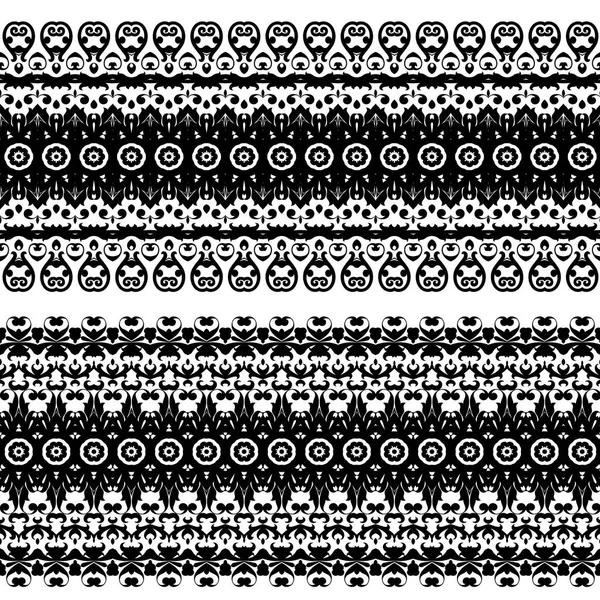 Kadın dantel Dikişsiz arka plan. Floral Zarif Vintage desen, geniş el yapımı süsleme. Etnik kumaşlar, giyim, giyim, ambalaj, tabela ve Web sitesi için motifler. siyah ve beyaz. Vektör EPS 10 — Stok Vektör