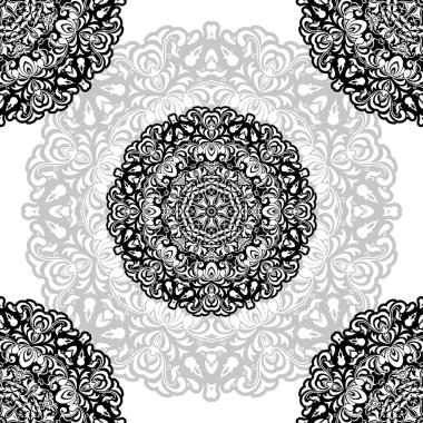 Siyah ve beyaz yuvarlak etnik Mandala, beyaz arka planda vektör illüstrasyon. Boyama kitabı, tebrik kartı, telefon kılıfı baskı, vb için kullanılabilir. Islam, Arapça, Pakistan, Fas, Türk motifleri