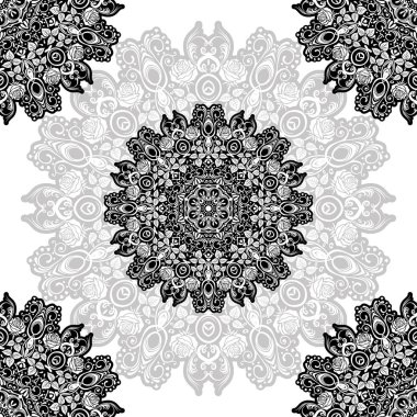 Siyah ve beyaz yuvarlak etnik Mandala, beyaz arka planda vektör illüstrasyon. Boyama kitabı, tebrik kartı, telefon kılıfı baskı, vb için kullanılabilir. Islam, Arapça, Pakistan, Fas, Türk motifleri