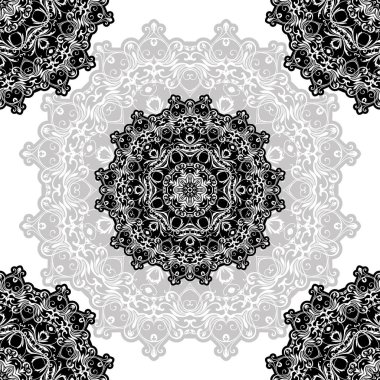 Siyah ve beyaz yuvarlak etnik Mandala, beyaz arka planda vektör illüstrasyon. Boyama kitabı, tebrik kartı, telefon kılıfı baskı, vb için kullanılabilir. Islam, Arapça, Pakistan, Fas, Türk motifleri