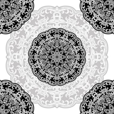 Siyah ve beyaz yuvarlak etnik Mandala, beyaz arka planda vektör illüstrasyon. Boyama kitabı, tebrik kartı, telefon kılıfı baskı, vb için kullanılabilir. Islam, Arapça, Pakistan, Fas, Türk motifleri