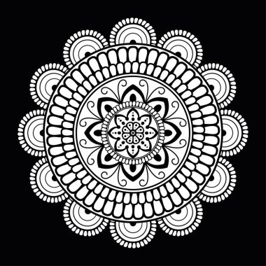 Siyah ve beyaz yuvarlak etnik Mandala, beyaz arka planda vektör illüstrasyon. Boyama kitabı, tebrik kartı, telefon kılıfı baskı, vb için kullanılabilir. Islam, Arapça, Pakistan, Fas, Türk motifleri