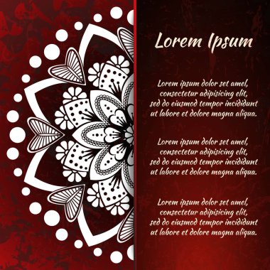 Düğün davetiyeleri, Sevgililer günü, Doğum günü, tatil, Şükran, aşk itirafı için tebrikler için dairesel çerçeve kartı. Mandala çizim ile vektör kırmızı arka plan. eps10