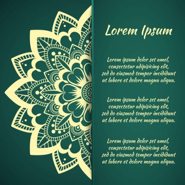Düğün davetiyeleri, Sevgililer günü, Doğum günü, tatil, Şükran, aşk itirafı için tebrikler için dairesel çerçeve kartı. Mandala çizim ile vektör yeşil arka plan. eps10