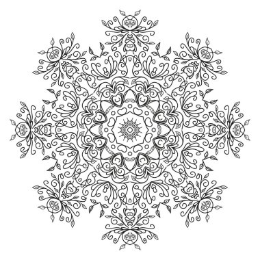 Siyah ve beyaz yuvarlak etnik Mandala, beyaz arka planda vektör illüstrasyon. Boyama kitabı, tebrik kartı, telefon kılıfı baskı, vb için kullanılabilir. Islam, Arapça, Pakistan, Fas, Türk motifleri