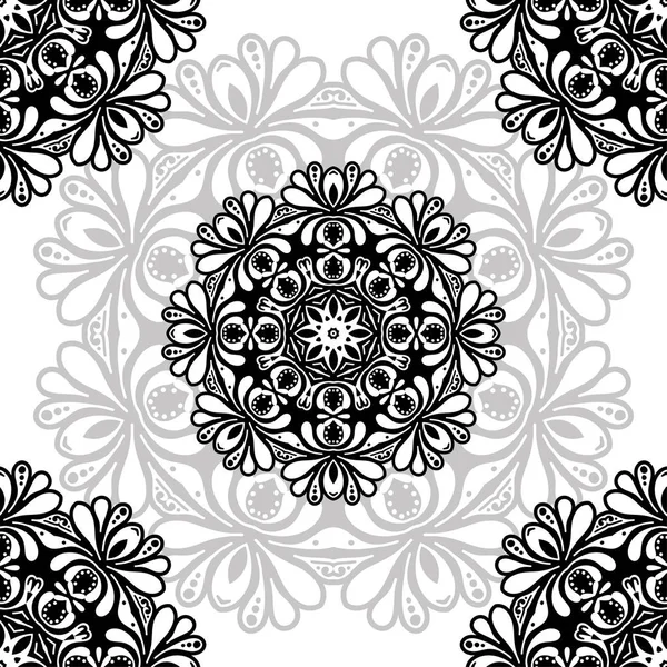 Floral Pattern Motif Coloring Mandala Drawn Pen Black Grey White — Stock Vector