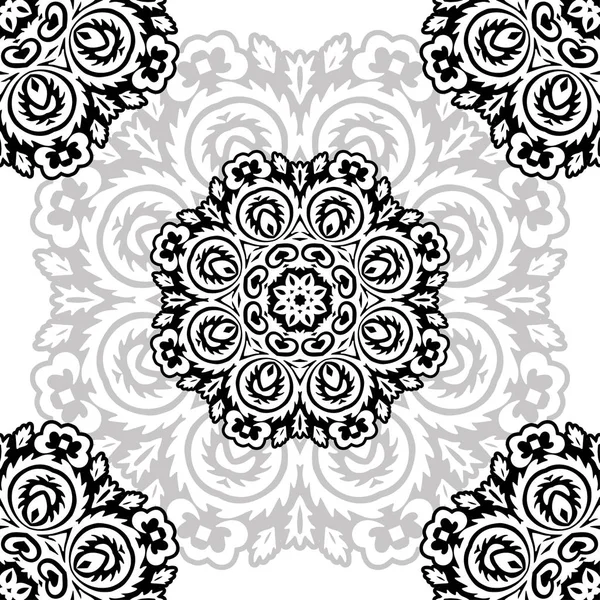 Floral Pattern Motif Coloring Mandala Drawn Pen Black Grey White — Stock Vector