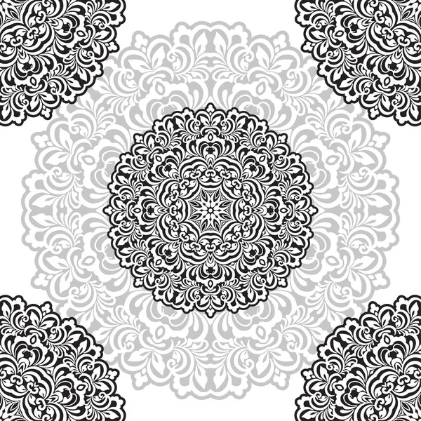 Floral Pattern Motif Coloring Mandala Drawn Pen Black Grey White — Stock Vector