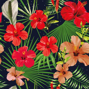 Egzotik tropik yapraklar ve hibiscus çiçek seamless modeli gece yıldızlar arka plan. Trendy vektör çizimler