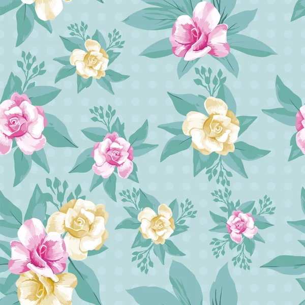 Roze Geel Schoonheid Bloemen Steeg Met Bladeren Naadloze Patroon Mint — Stockvector