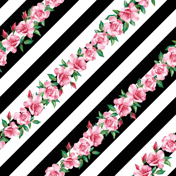 Vector Illustration Pink Flowers Rose Line Seamless Pattern Black White — Stock Vector