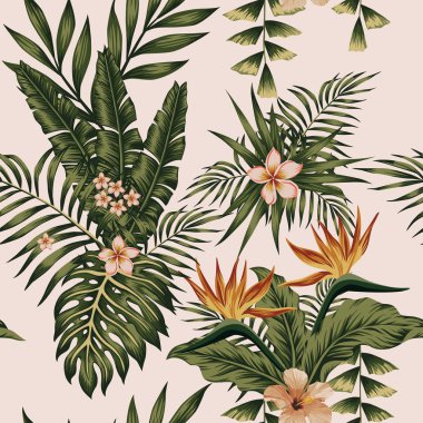 Trendy illüstrasyon egzotik çiçekler ebegümeci, plumeria, cennet kuşu ve femini kompozisyon bitkiler muz yaprakları