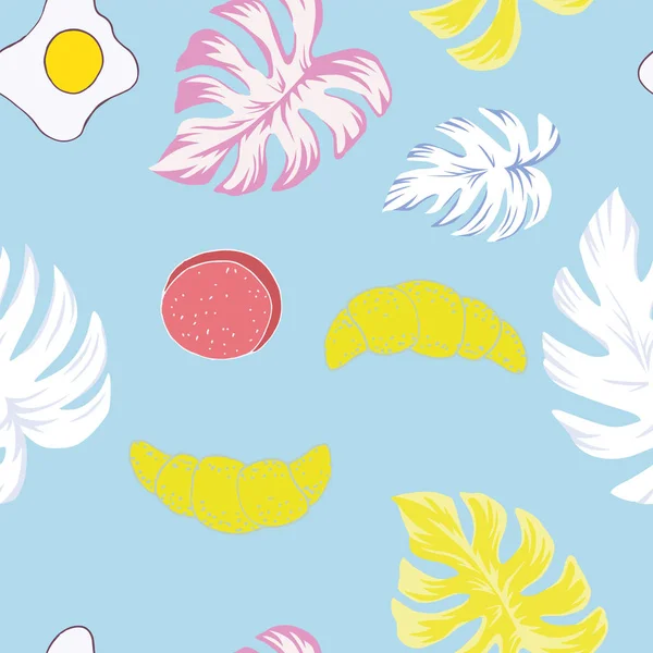 Тропічний Листя Монстера Wink Влітку Сніданок Безшовні Векторні Ілюстрації Омлет — стоковий вектор