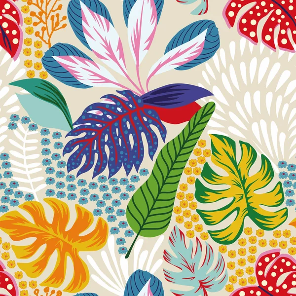 漫画イラスト 抽象的な色の熱帯花砂のシームレスな背景を葉します トレンディなパターン ベクトル成分 — ストックベクタ