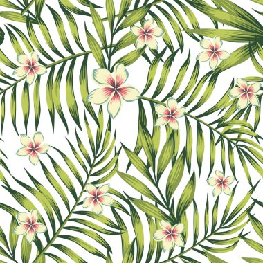 Egzotik çiçekler plumeria palmiye yaprakları yeşil Dikişsiz desen beyaz arka plan