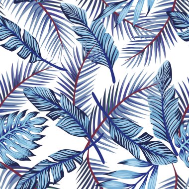 Monstera Dikişsiz desen beyaz arka plan mavi egzotik tropik palmiye yaprakları