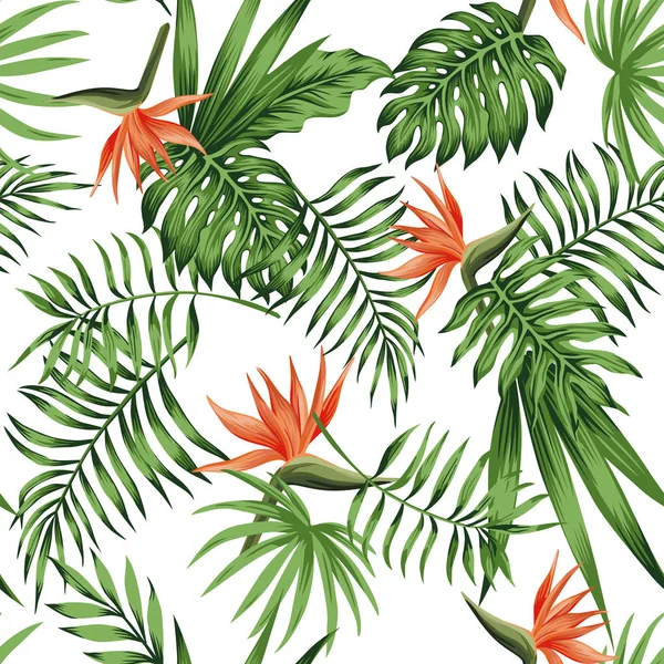 Pláž Bezešvé Vzor Tapety Tropických Zelené Listy Palm Stromy Květiny — Stockový vektor