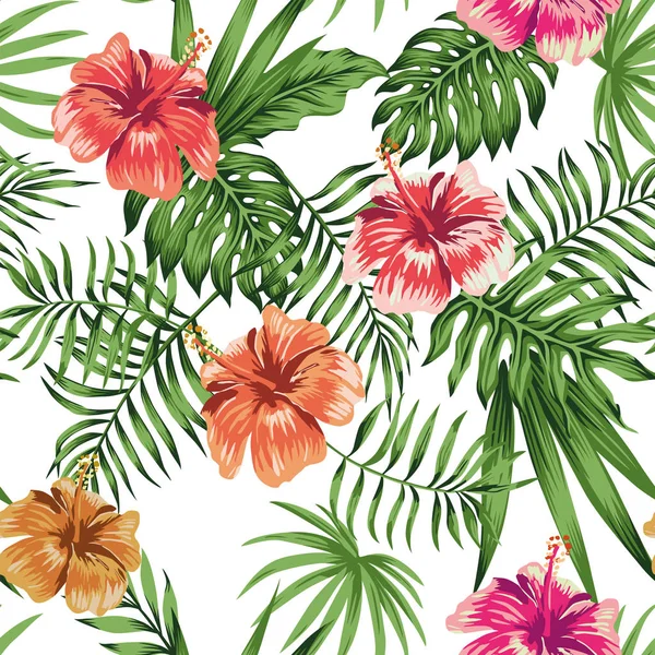 Tropik Çiçekler Hibiscus Turuncu Kırmızı Mor Yeşil Dikişsiz Desen Beyaz — Stok Vektör