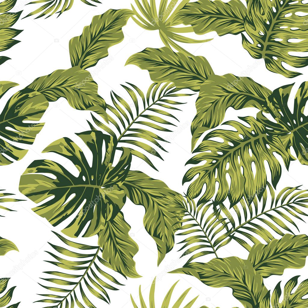 Exotic jungle tropical leaves autumn color seamless pattern white background