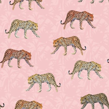 Dikişsiz desen tropikal botanik arka plan illüstrasyon leopar pembe olacak bırakır