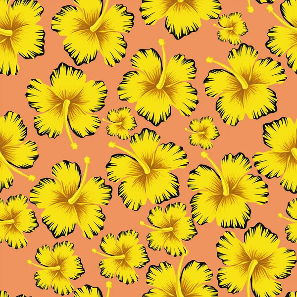 Son Moda Kompozisyon Sarı Çiçekler Hibiscus Seamless Modeli Pembe Arka — Stok Vektör