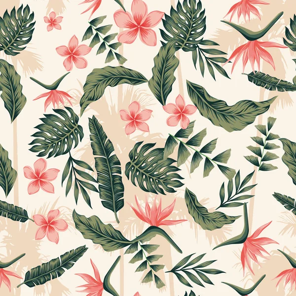 熱帯植物や花緑ピンク色方式シームレスなパームの背景 トレンディな組成植物自然ビーチ壁紙 — ストックベクタ