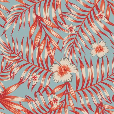 Serin tropikal yaprak. Ebegümeci, plumeria çiçekleri kırmızı, turuncu renk. Mavi arka plan üzerinde sorunsuz düz vektör şekli