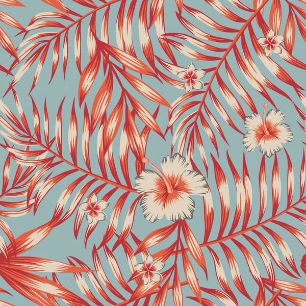 Прохолодне Тропічне Листя Гібіскус Сливові Квіти Червоного Помаранчевого Кольору Безшовний — стоковий вектор