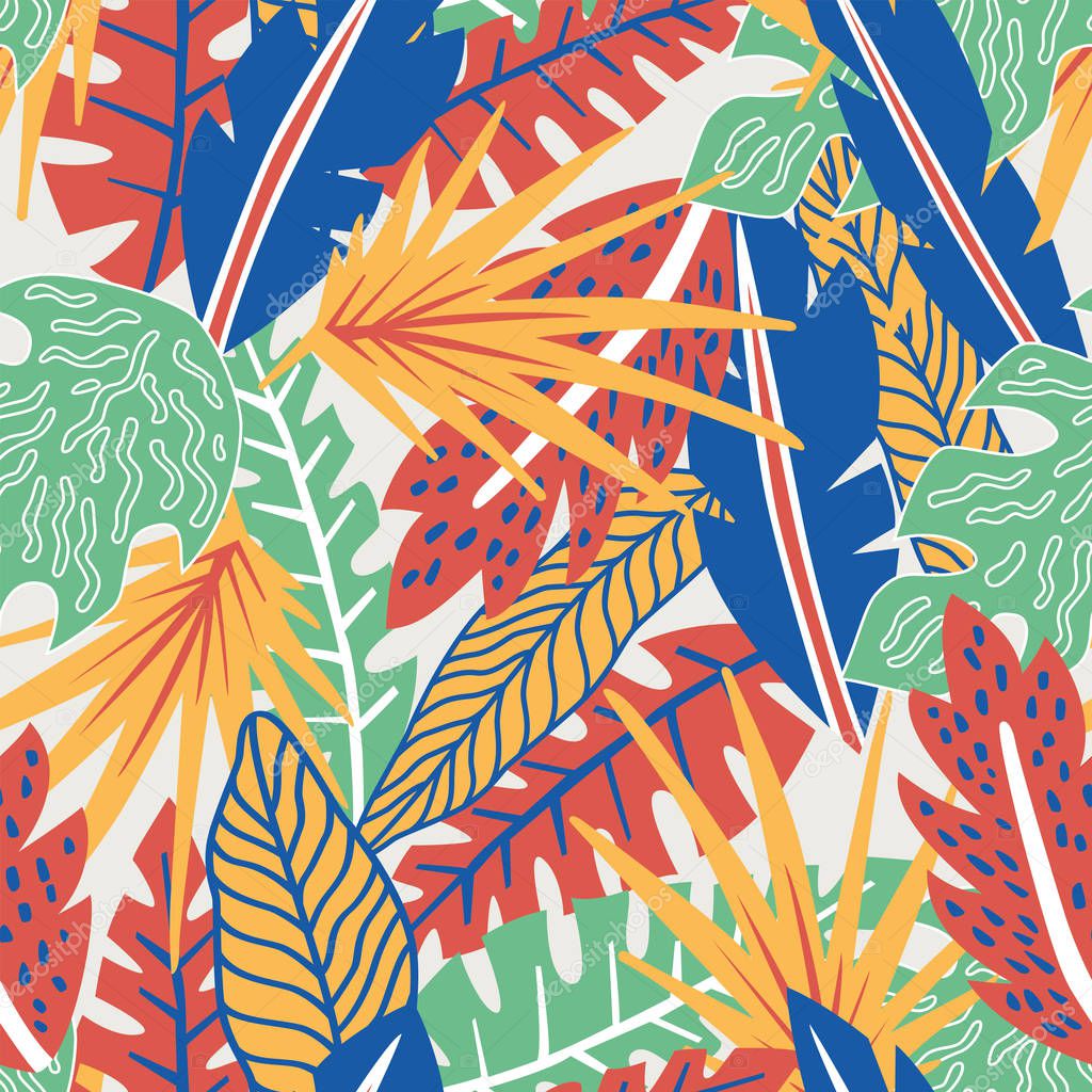 Trendy illustration abstract color hand drawn tropical leaves seamless pattern on the white background. Exotic cartoon flat wallpaper