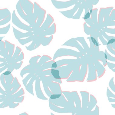 Mavi egzotik monstera Dikişsiz desen beyaz arka plan bırakır. Tropikal moda kompozisyon duvar kağıdı