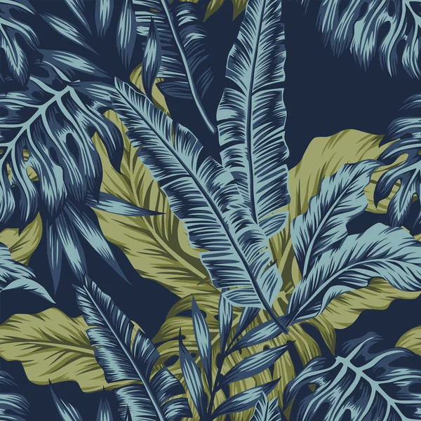熱帯のヤシの緑の葉のシームレスなパターンの暗い青色の背景 熱帯のベクトル図 — ストックベクタ
