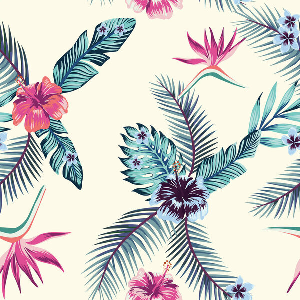 Экзотический цветок Hibiscus, plumeria, frangipani, райская птица. Синие листья безморщинистый узор светло-желтый фон. Модные векторные обои
