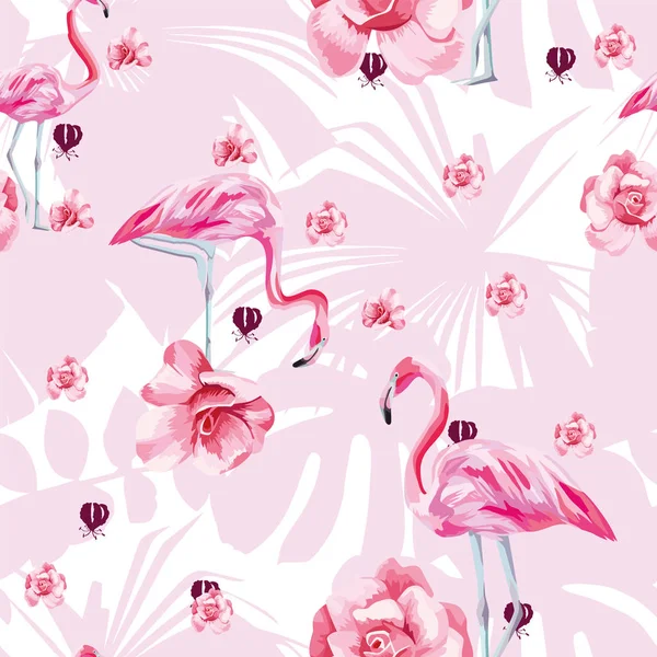 Güzellik Düz Vektör Kuş Pembe Flamingo Çiçek Gül Seamless Modeli — Stok Vektör