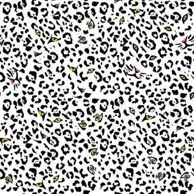 Vahşi kediler kaplan, Panter, aslan, leopar gözünde. Beyaz arka plan üzerinde siyah benekli. Dikişsiz desen vektör çizim