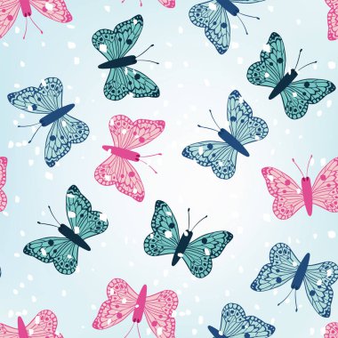 Sorunsuz vektör desen mavi arka plan ile kar kış çok renkli kelebekler. Kış duvar kağıdı